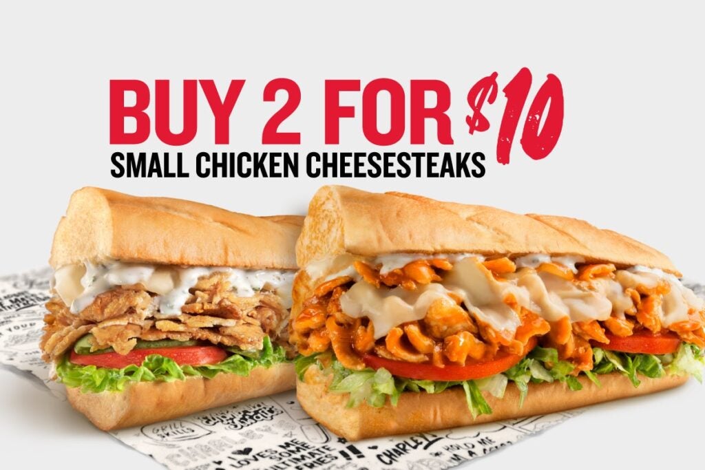 2 SMALL CHICKEN CHEESESTEAKS FOR $10 (TYPE CODE: 2for10)